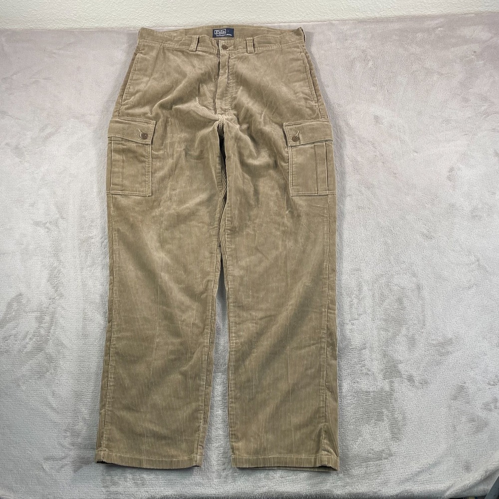 VTG Polo Ralph‎ Lauren Pants Men 35x32 Beige Flap Cargo Pockets Wale Corduroy